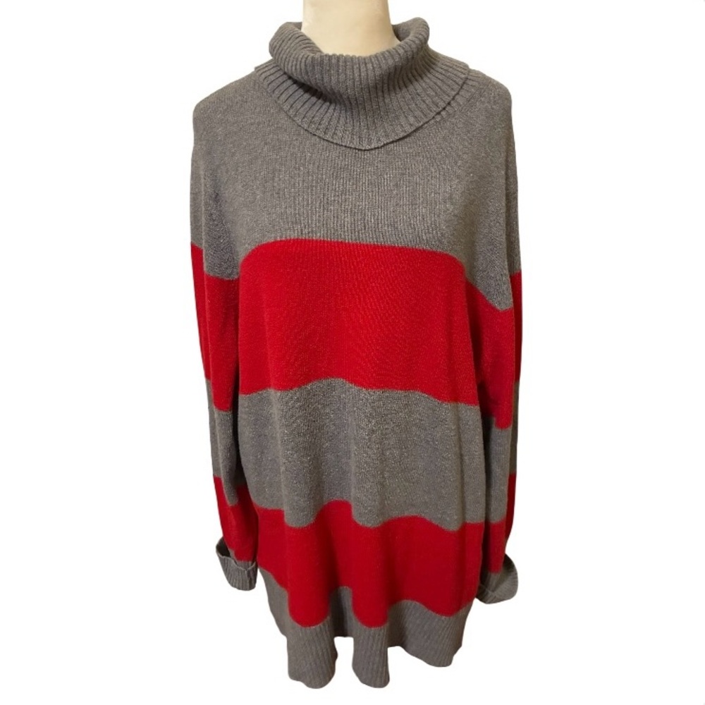 Lands’ End Women’s Sweater 2X Plus Size 20W 22W Gray Red Stripe Turtleneck EUC